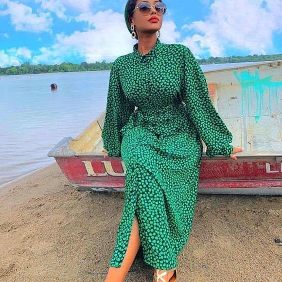 H&M Dresses Midi Dress With Tie Belt Green Floral Hm New Poshmark